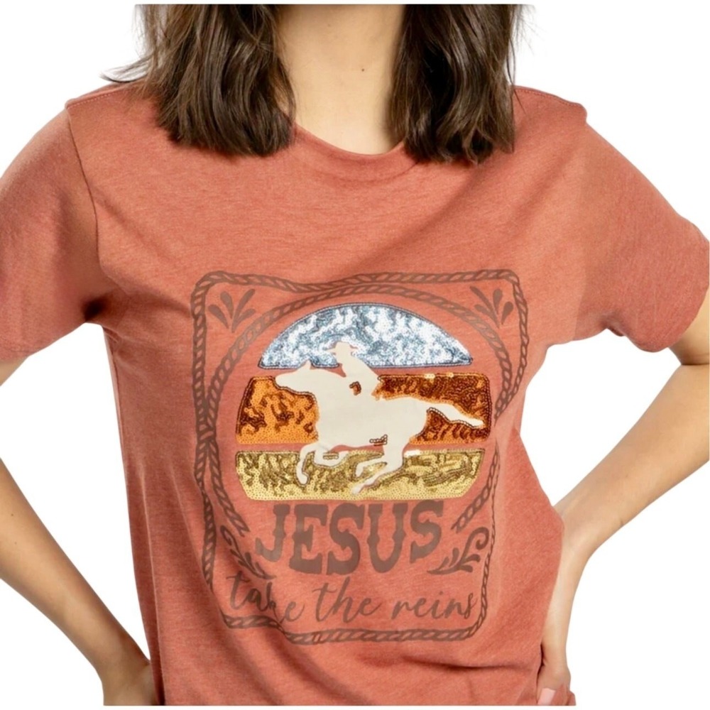 Jesus Take the Reins Sequin Tee